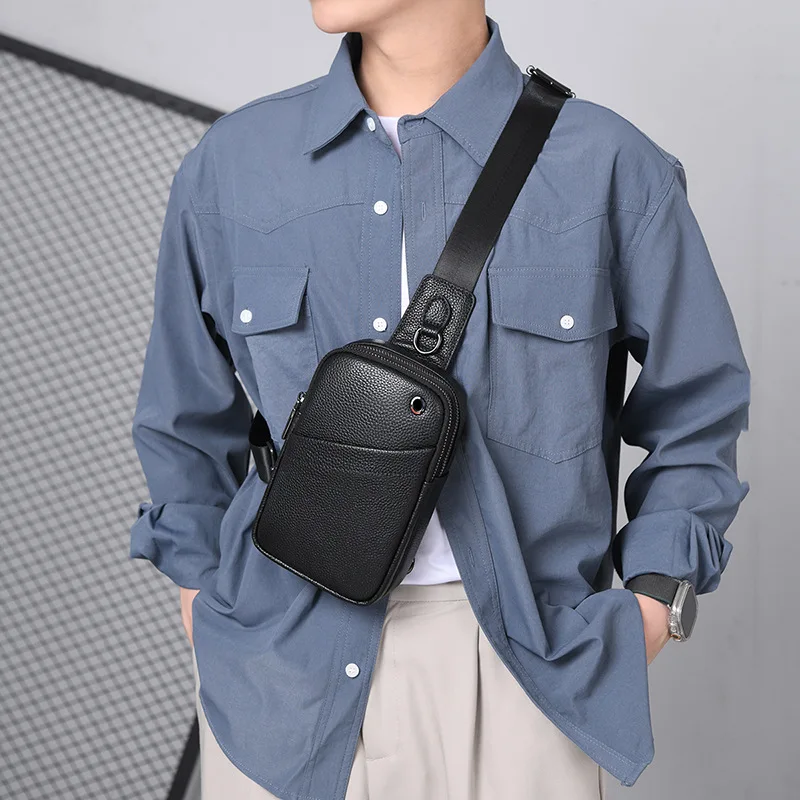 Leather chest bag men crossbody bag soft cowhide backpack square double zipper casual shoulder bag portable