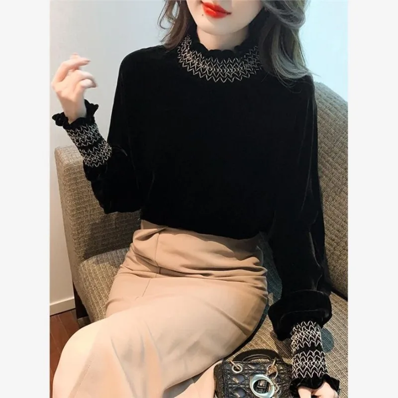 

Корейский универсальный бархатный длинный свек с высоким воротником, женский базовый топ для поездок на работу и внутреннюю одежду на осень-зиму TT676