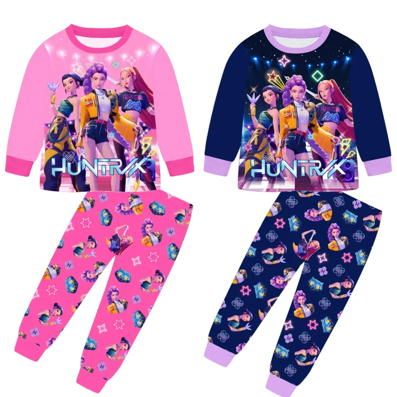 2 szt. Filmowe Demony Kawaii Łowcy Piżama Zestaw Dziewczęcy Cosplay Bielizna Nocna Anime Długi Rękaw Bluzki+Spodnie Prezent dla Fanów na Halloween