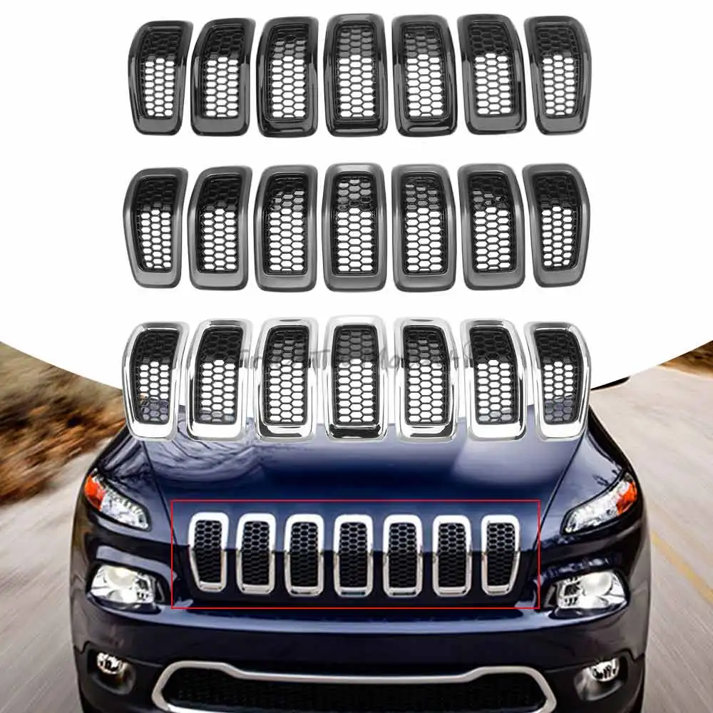 

7Pcs/Set Glossy Black/Chrome Car Front Bumper Upper Kidney Mesh Grille For Jeep Cherokee 2014-2018 Car Racing Grille Cover Trim