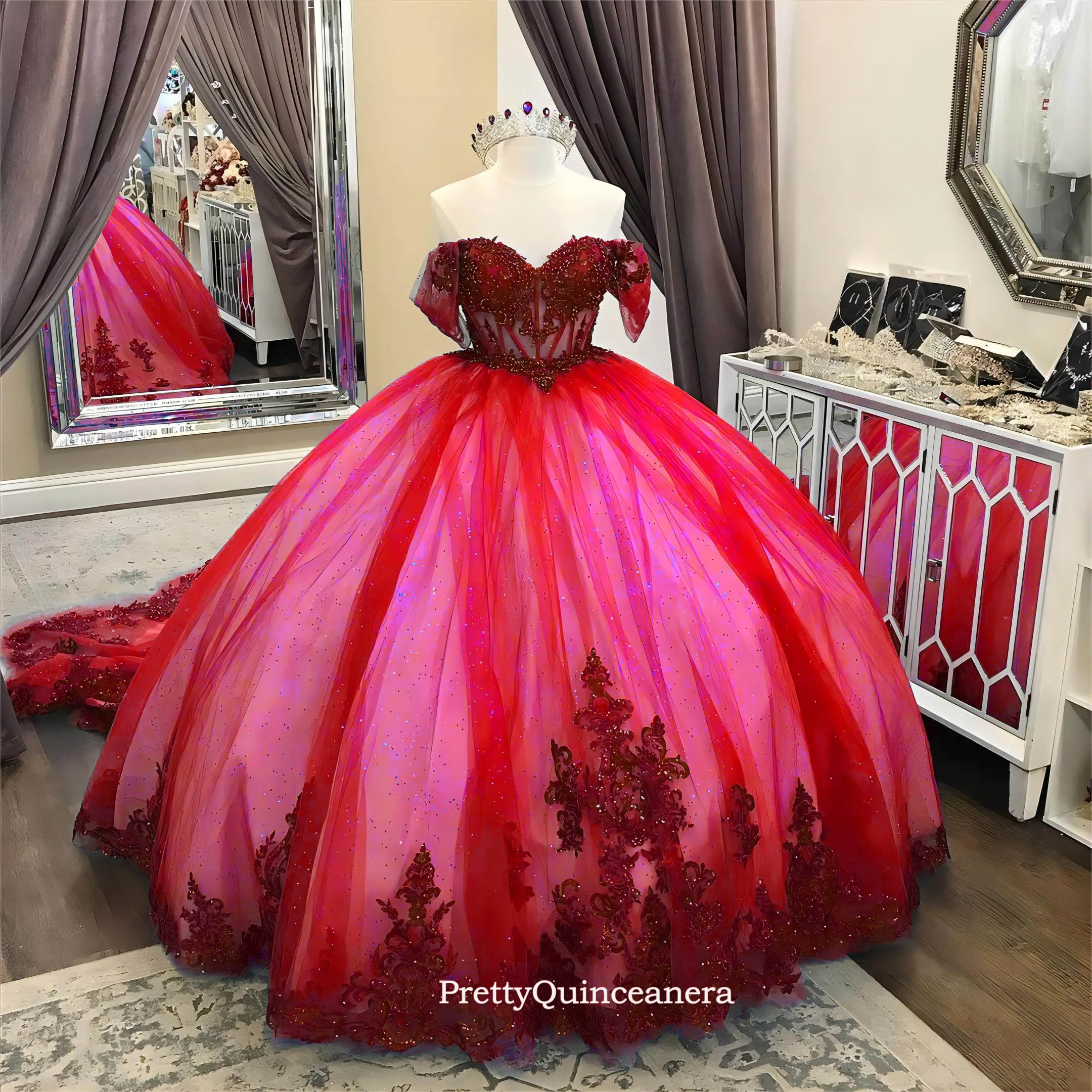 Robe de RhQuinceanera avec train festonné, corset transparent glamour, manches à épaules dénudées amovibles, robe Sweet 16