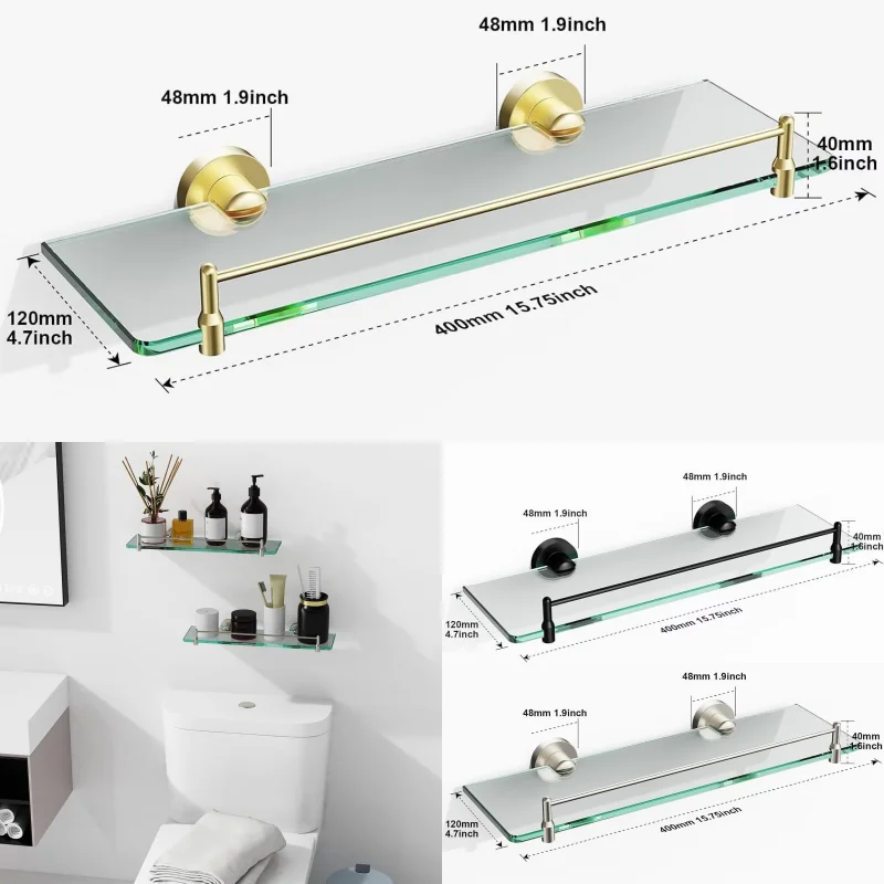 Tempered Glass Bathroom Shelf Stainless Steel Storage Rack Rectangular 40CM 1 Tier Brushed Gold Wall Mounted