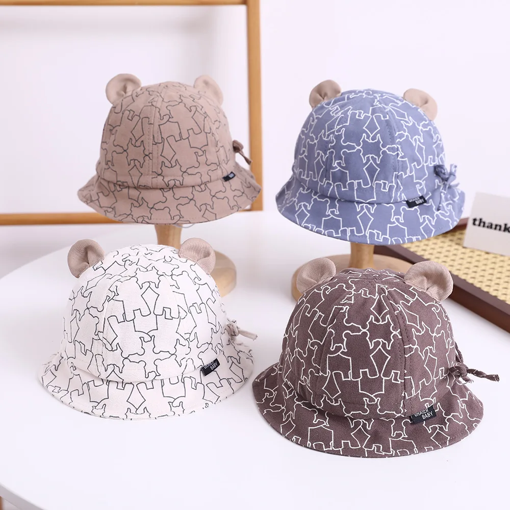 Baby Bucket Hat  For 3-12M New Spring Baby Boys Girls Sunshade Hat Cute Cartoon Bear Print Outdoor Summer Kids Hat Fishing Cap