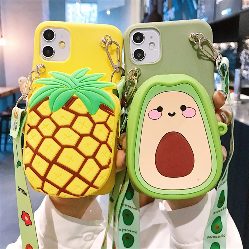 Wallet 3D Tasty Avocado crossbody neck strap silicon case for iphone 16Pro Max 15 11 12 13 14Pro Max Xs Xr 7 8 Plus X soft cover