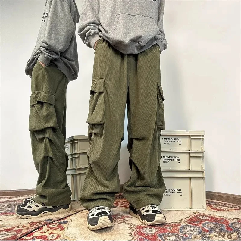Corduroy Cargo Pants for Women Y2K High Waist Streetwear Loose Multiple Pockets Sweatpants Bf Hip Hop Casual Straight Trousers