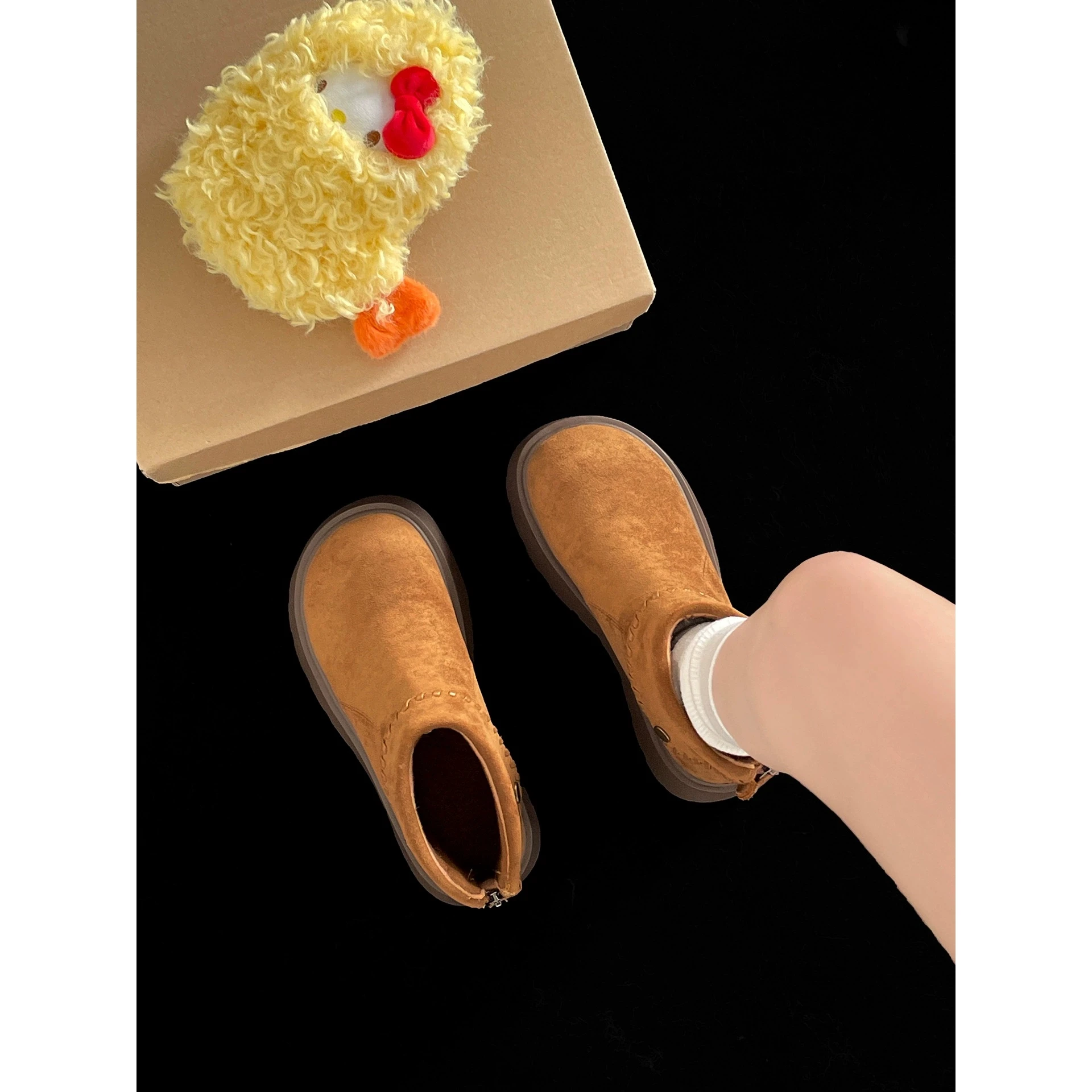 أحذية الثلوج سميكة القاع الشتاء الدافئة أحذية قصيرة جولة تو المطاط تسولي مقاوم للماء الفراء اصطف سستة إغلاق أحذية الشتاء #5