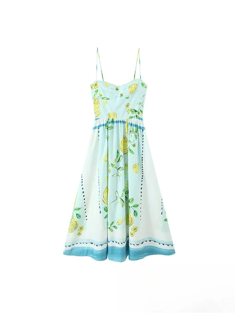 KONDALA Abito lungo da donna vintage chic con stampa di limone Abito lungo con fiocco con lacci senza schienale Moda 2025 Abito da vacanza primavera estate