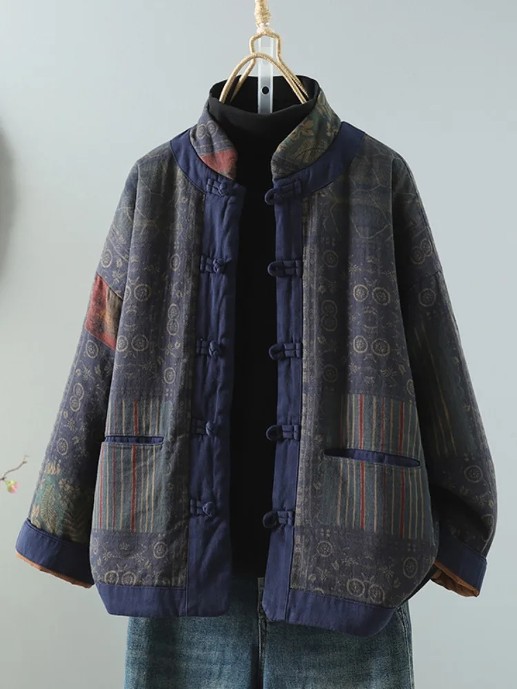 

Хлопковая куртка с принтом в стиле ретро, женская зимняя куртка большого размера, костюм Тан, воротник-стойка на пуговицах, хлопковый топ, художественный костюм для поездок на работу