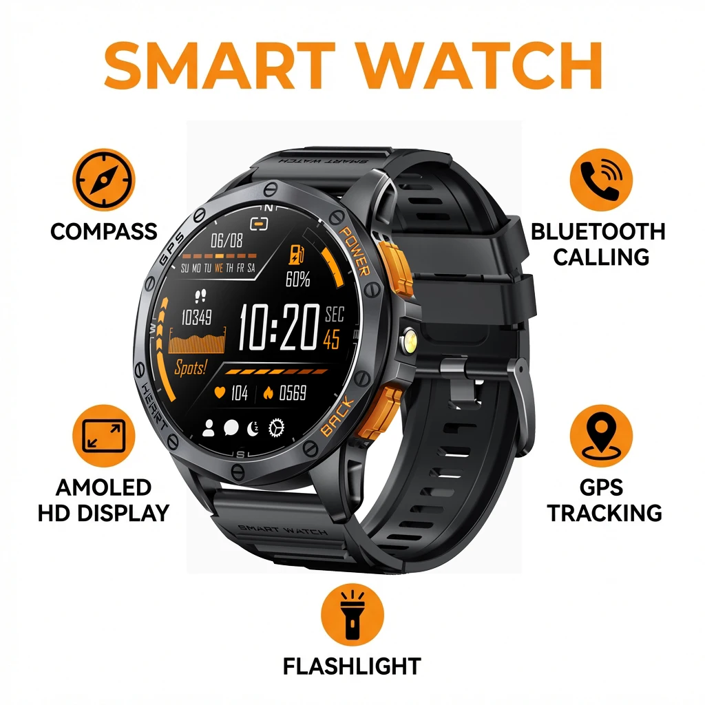 

New Amoled Smart Watch Men Compass LED Flashlight Barometric Altimeter Outdoor Sports Montion Fitness Tracker BT Call Smartwatch