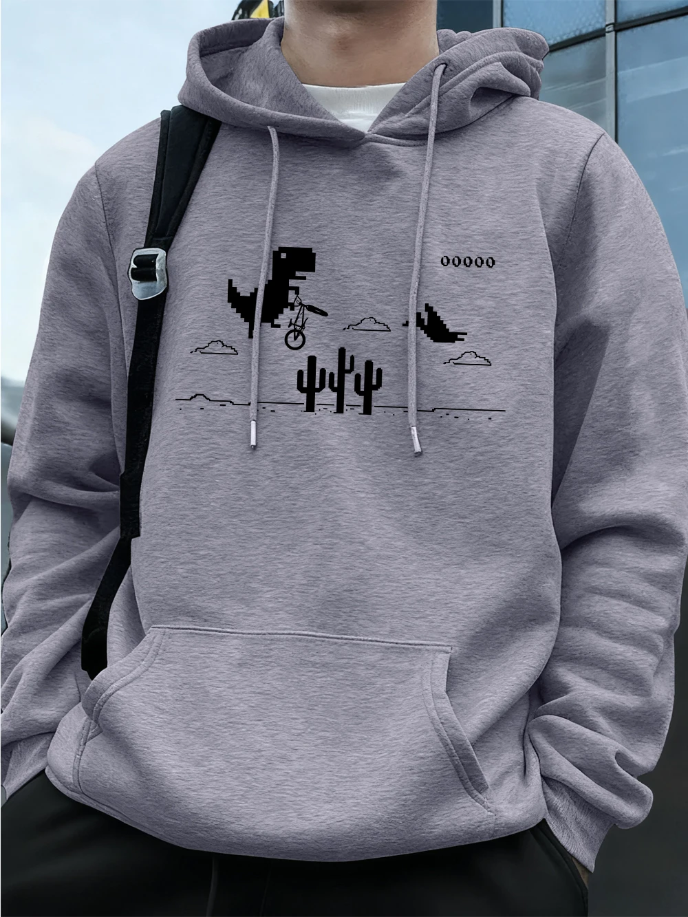 الديناصورات فوق الصبار الطباعة رجل هوديي الخريف جيب بلوزات أساسيات الصوف الدافئة فضفاض البلوفرات الكورية الرجال الملابس #1