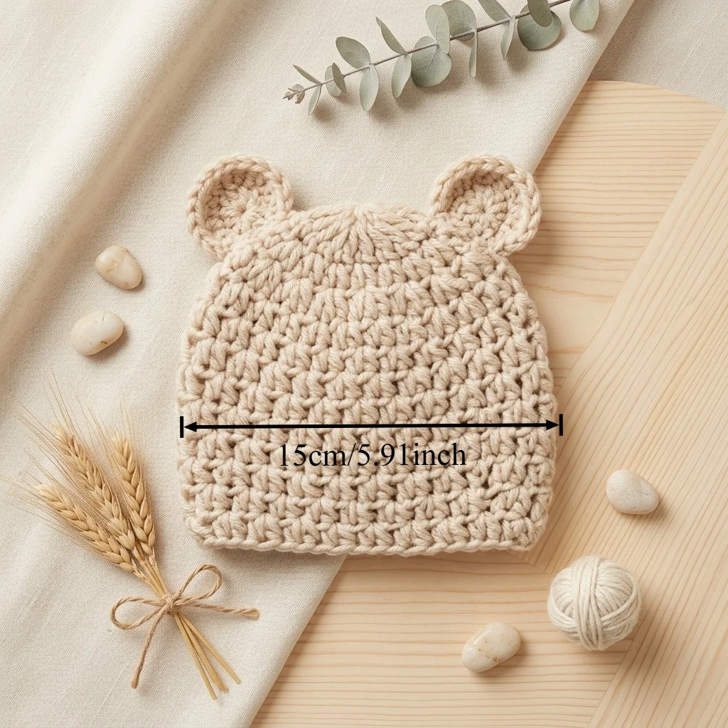 Cute Handmade Newborn Baby Boy Girl Crochet Bear Ear Hat Bonnet Photography Prop Infant Photo Shoot Studio Accessories