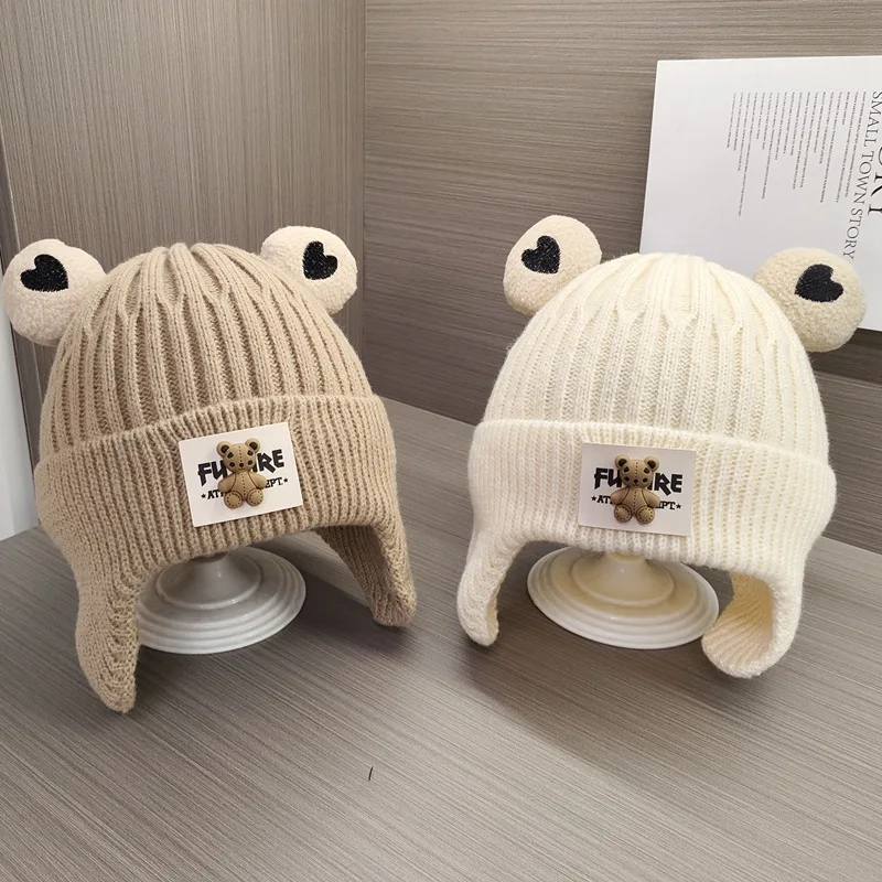 Cute Winter Knitted Baby Cap Cartoon Bear Toddler Boys Girls Warm Beanie Bonnet Hat Windproof Kids Crochet Ear Protection Caps