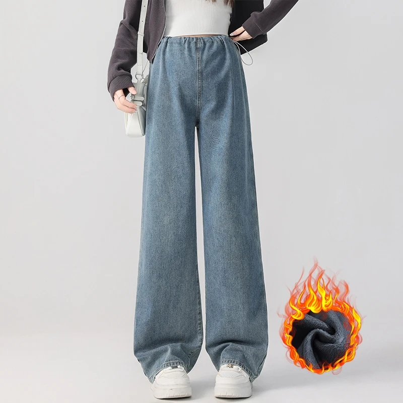 

2025 зимние повседневные теплые джинсы для беременных с карманами и завязками по бокам, толстые брюки для беременных на флисовой подкладке