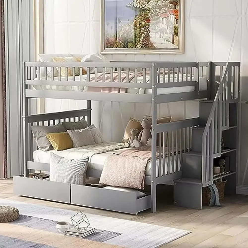 Solid Wood Full Over Full Bunk Bed with Stairway and Storage Drawers Gray 250lbs Weight Capacity