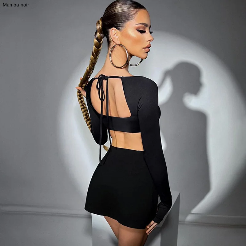 Women New 2 Pcs Set Solid Long Sleeves Square Neck Backless Bandage Crop Top Slit Skirt Summer Rave Festival Outfit