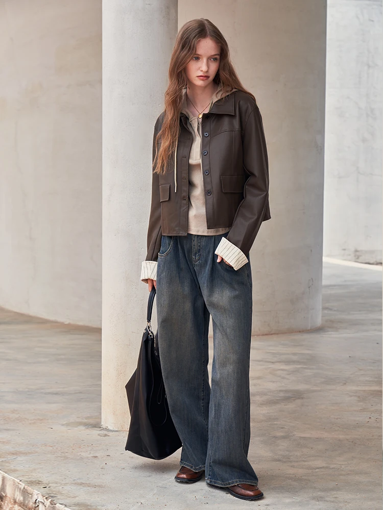 

Bla Leather Jaet Motorcycle Sle Loose Fit ort Autumn Retro EGGKA Coffee Color Women's Faion Outerwear Coat