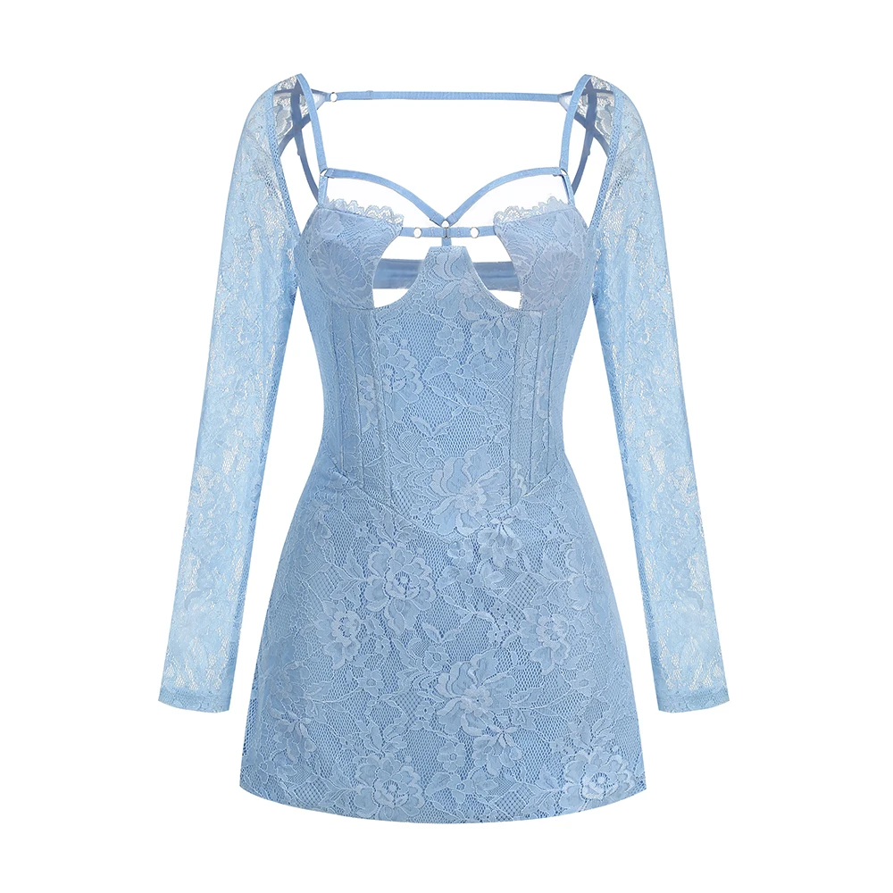 Light Blue Lace Material Long Sleeve Mini Dress French Romance Sexy Slim Fit Dating Women Dress