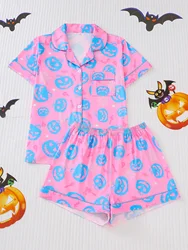 Halloween pumpkin bat print pajama set for women comfy short-sleeved roll-neck shirt and loose shorts loungewear for women