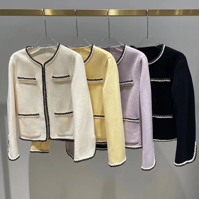 

Double-Sided Cashmere Coat Spring Autumn Women Round Neck Cardigan Overcoat Macaroon Color Fashion Short Wool Jackets Mont Kadın