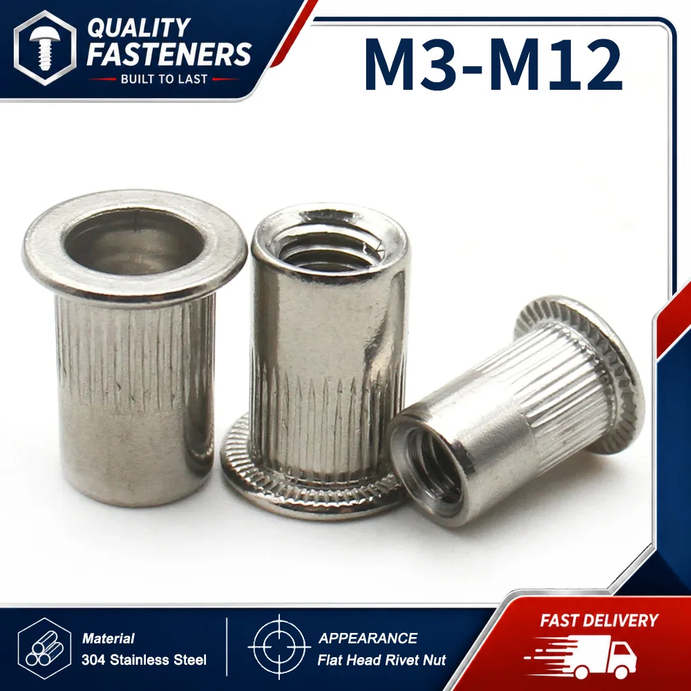 304 Stainless Steel Flat Head Rivet Nuts M3 M4 M5 M6 M8 M10 M12 Threaded Insert Blind Riveting Nut for Metal Sheet Fastening