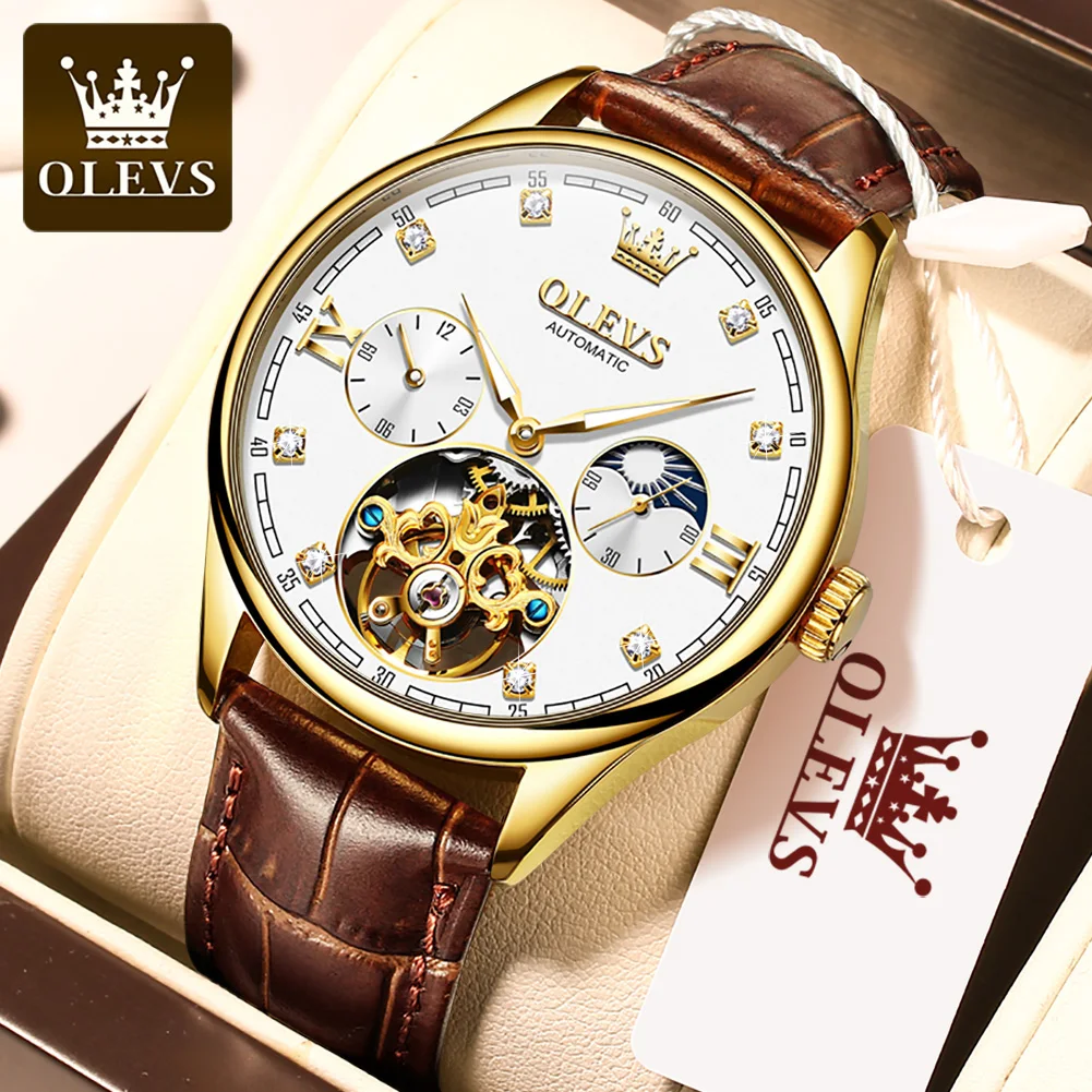 

OLEVS 3601 Automatic Mechanical Watch for Men Leather Strap Waterproof Skeleton Tourbillon Design Luxury Brand Man's Wirstwatch