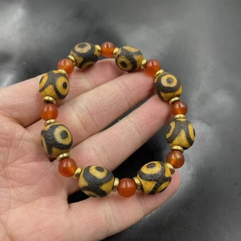 Tibetan Dragon Vein Old Agate Dzi * 3 eyes * Beads Bracelet M3187