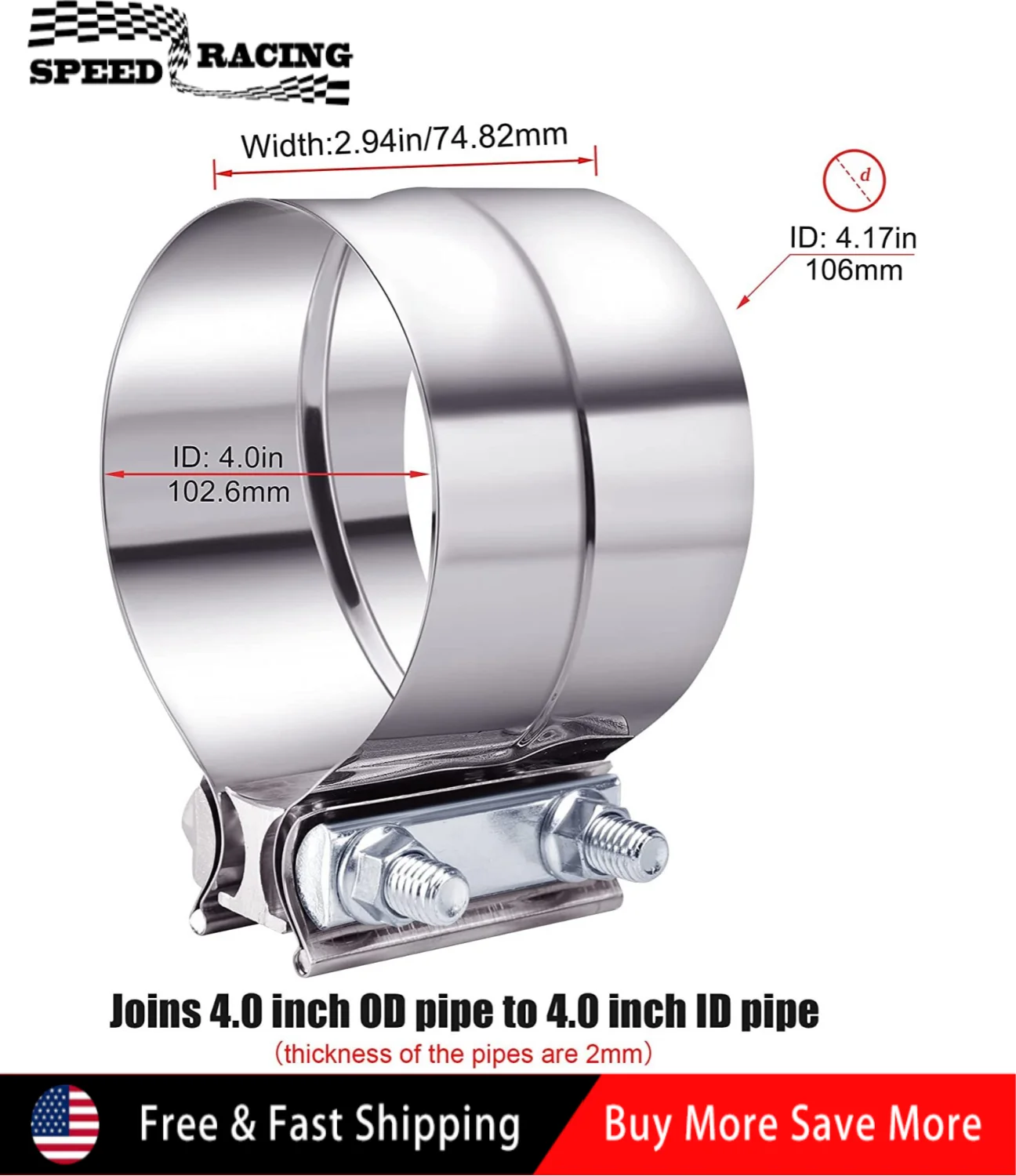 العالمي 4 بوصة الفولاذ المقاوم للصدأ اللفة المشتركة العادم المشبك الخمار كم المقرنة الفضة TP-1006