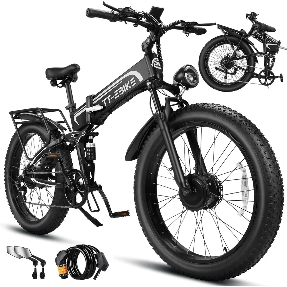 Dual:4350W Electric Bike  40 MPH with 52V 28AH Battery, 26 inch Fat Tire Mountain E Bike, Full Suspension Folding Ebike,7-Speed