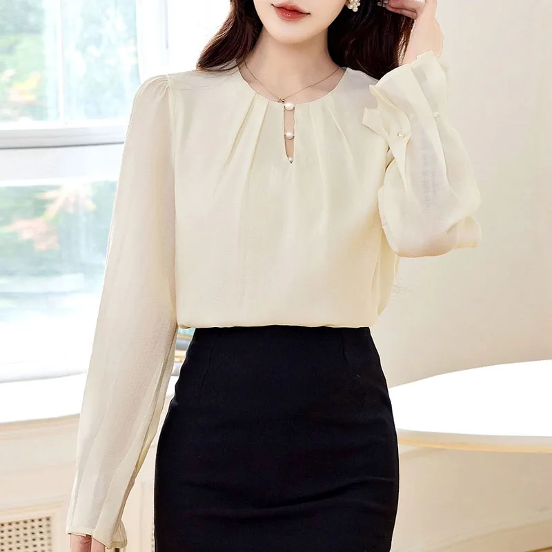 

Женская блузка-рубашка, новая шифоновая блузка с длинным рукавом и круглым вырезом, расшитая бисером, женские топы, блузки, рубашки Blusas Para Mujer Camisas Q1339