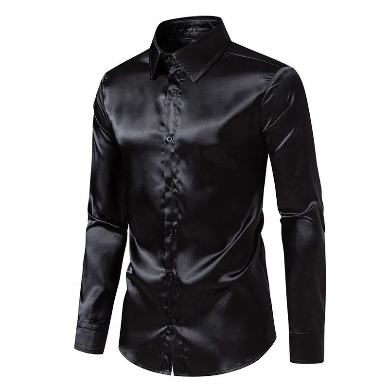 

Men’s Pure Color Satin Shirt Slim Fit Long Sleeve Shiny Nightclub Party