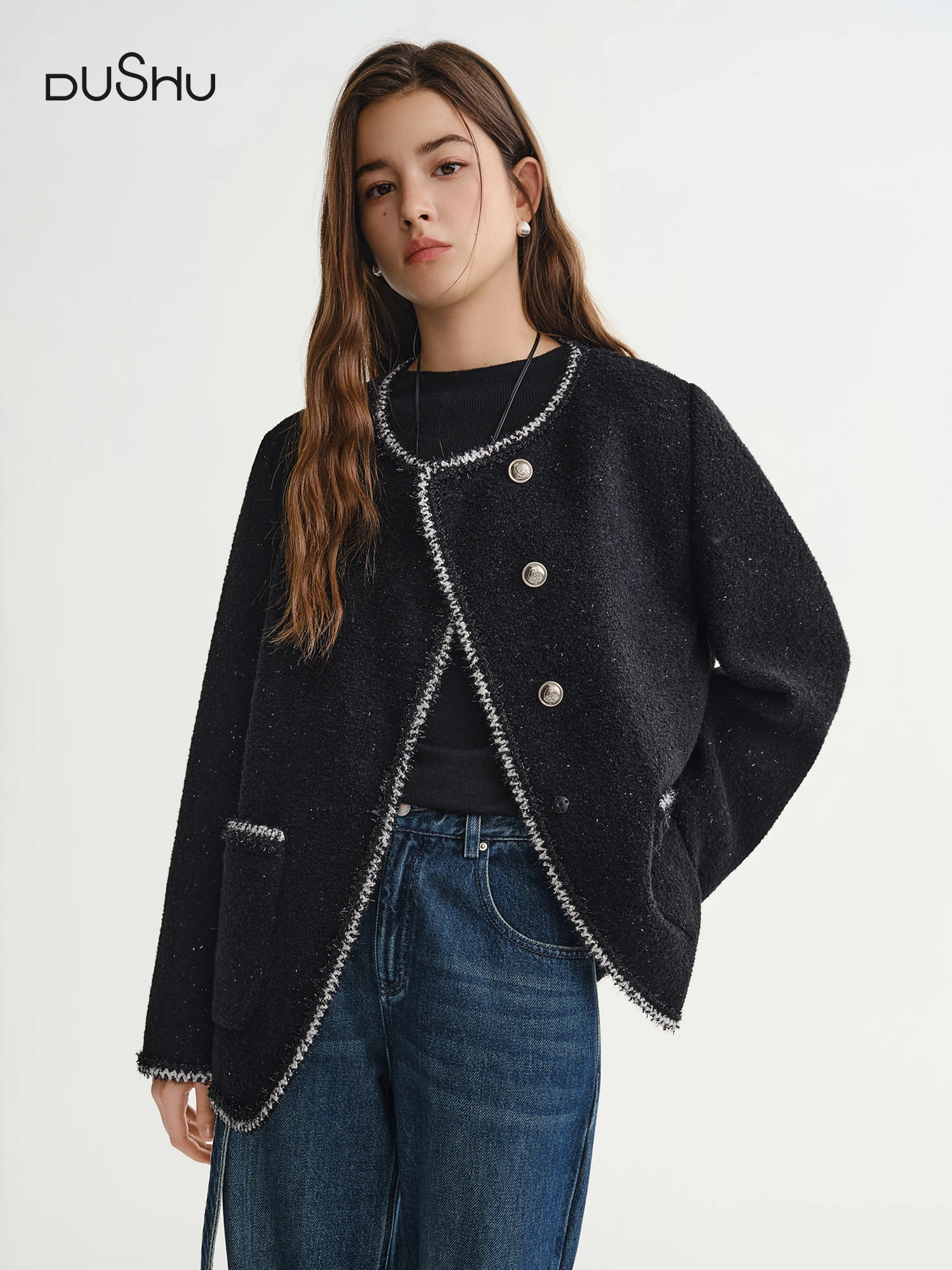 

DUSHU Черная элегантная куртка с круглым вырезом, зимняя новая шерстяная короткая куртка на плечо, европейский стиль, модная шикарная офисная простая куртка для поездок на работу