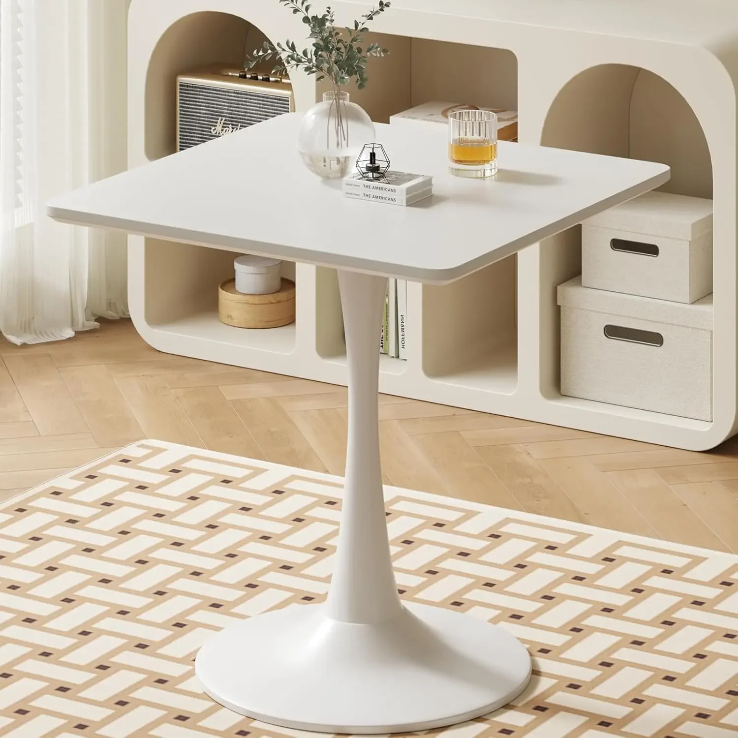 White Square Tulip Table for 2, 24 Inch Small Dining Table with Metal Pedestal Base for Kitchen, Mid-Century Modern Table