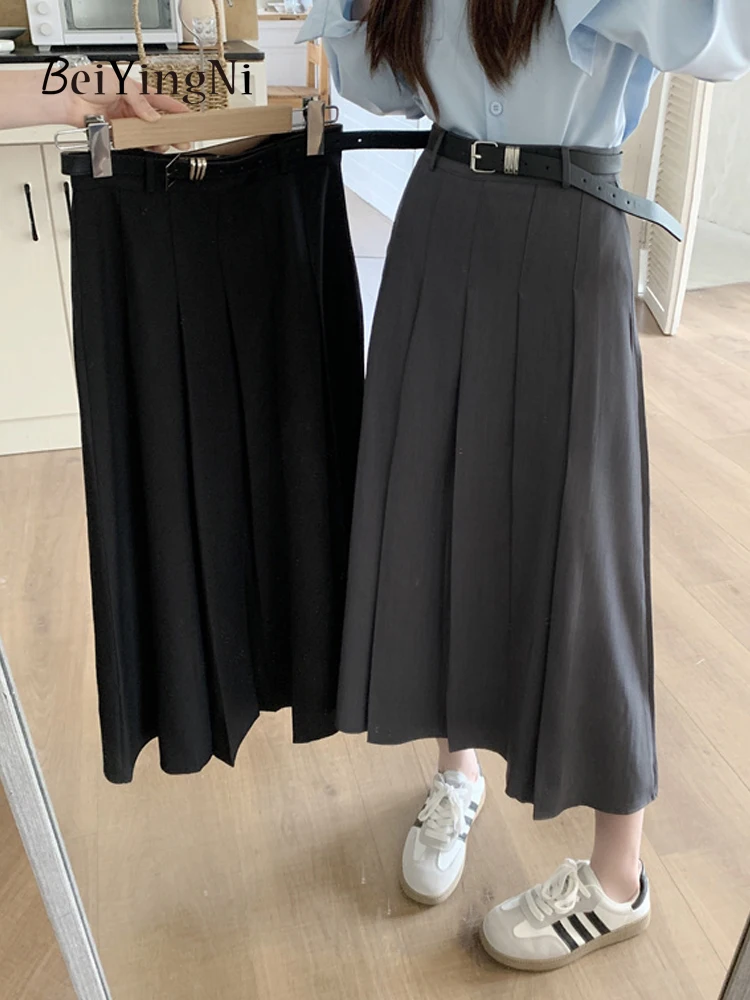 

Beiyingni Women Suit Pleated Skirt With Belt Elegant Slim High Waist Long Midi A-line Skirts for Girls Casual Korean Fashion OL