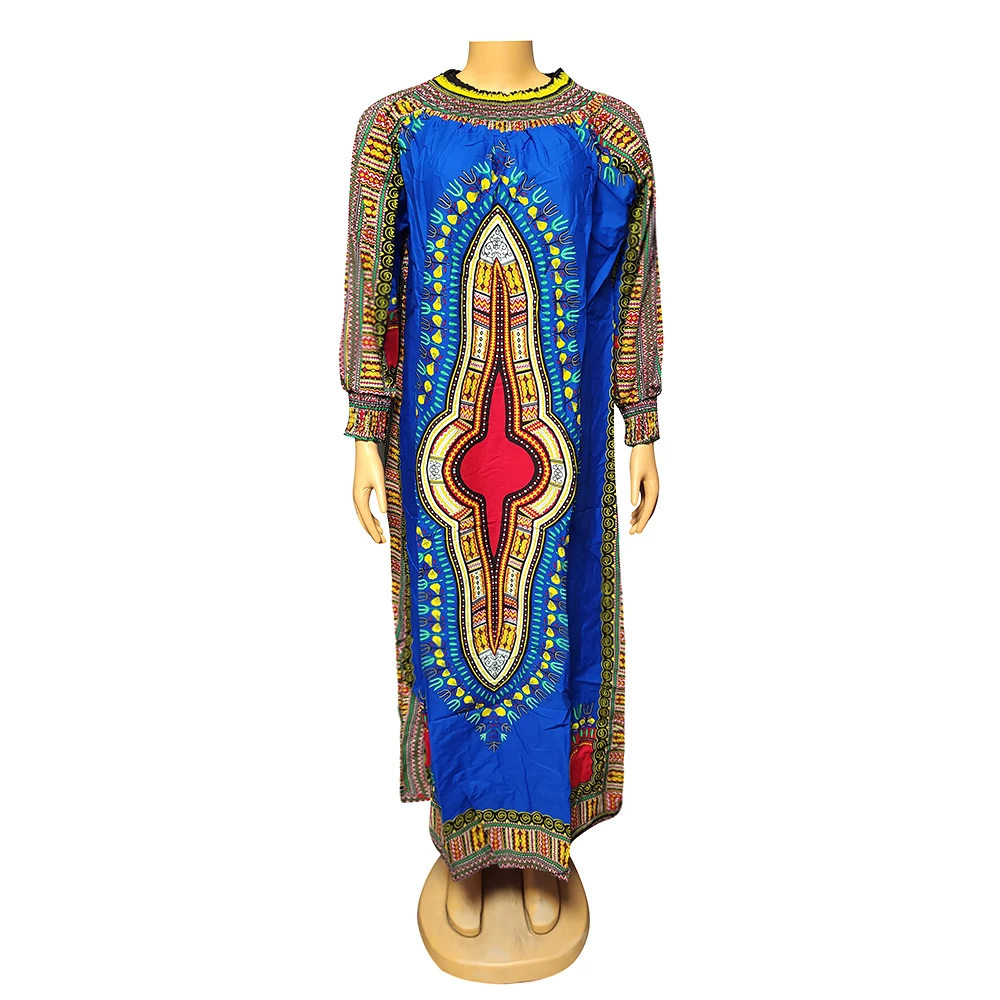 

Dashikiage Blue Maxi Dresses Elastic Round Neck Long Sleeve Pattern Printed Robe With Belt Female African Party Vestidos New
