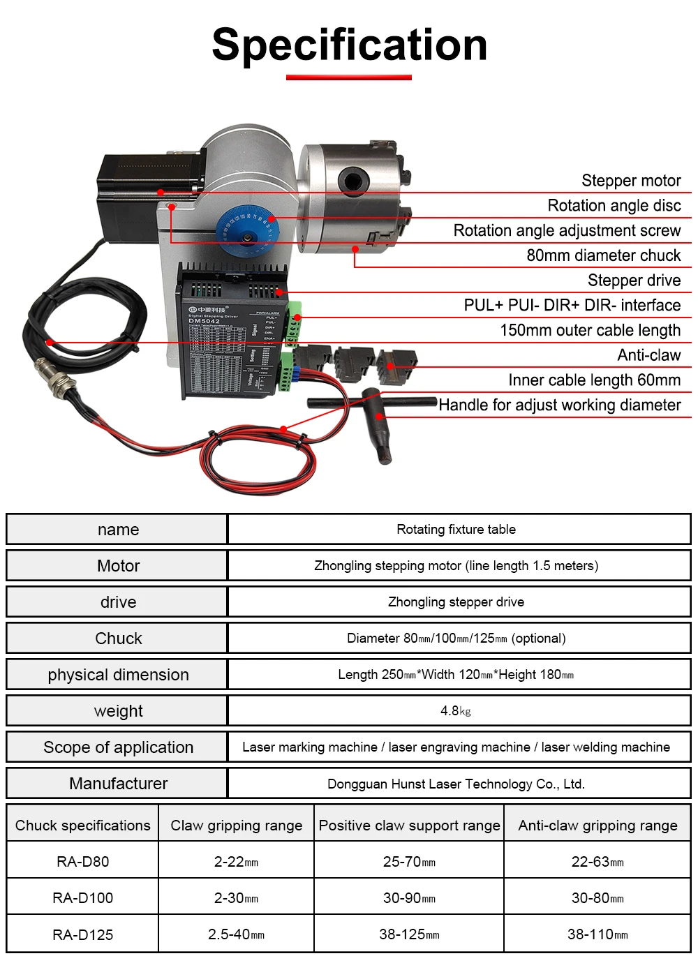 DGHUNST Rotationsaufsatz D80 mit 3-Klauen-Futter, optional mit DM5042 Treiber für UV-CO2-Faserlaser-Markiermaschinen – Detail 6