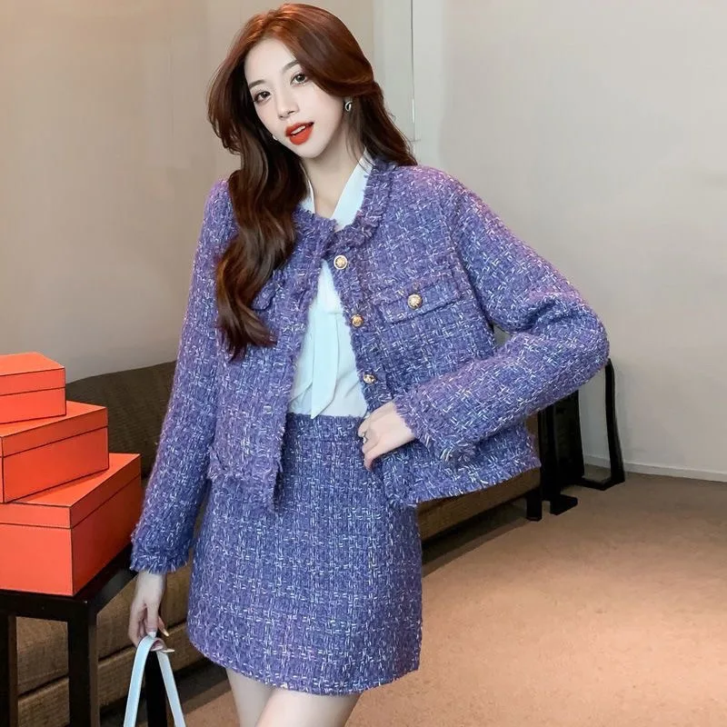 Women Elegant Tweed Jacket And Mini Skirt Two Piece Set Chic Noble Outfit Spring Autumn view 5