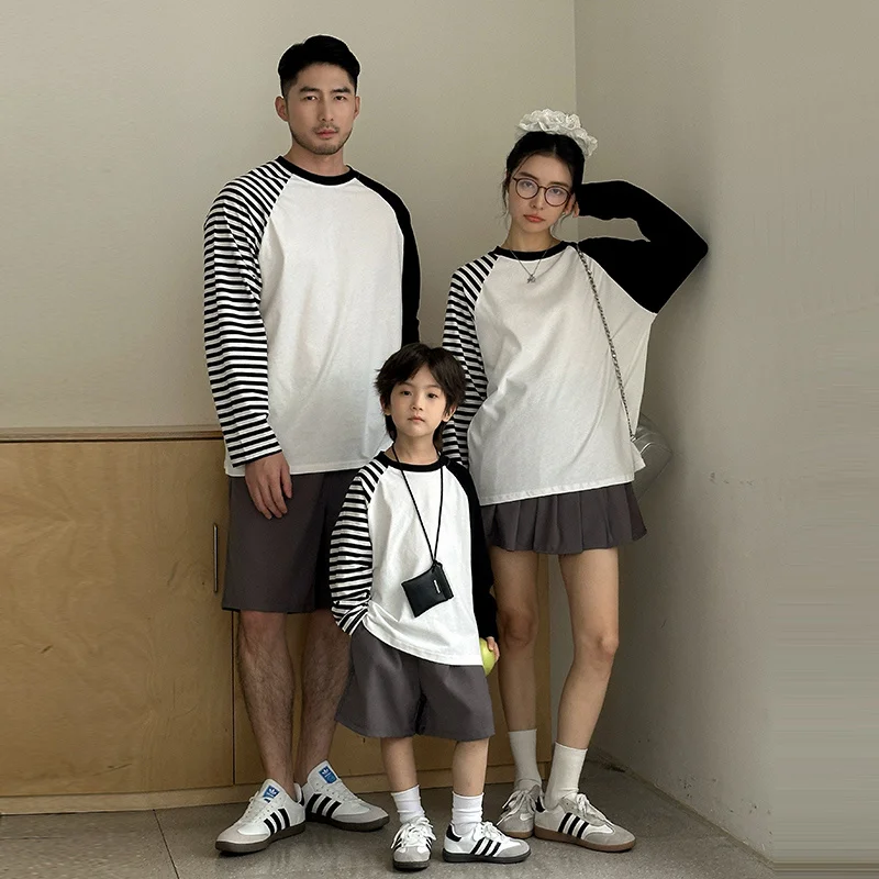 Summer Family Matching Outfit Suit Couple Children Striped Costume Long-sleeve T-shirts Shorts 2PCS Set Family Look Clothes Sets