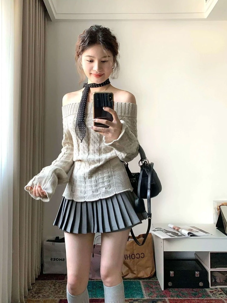 Deeptown Korean Style Sexy Off Shoulder Sweater Women Sweet Elegant Long Sleeve Knitted Pullover Cute Fashion Slim Up Sweaters