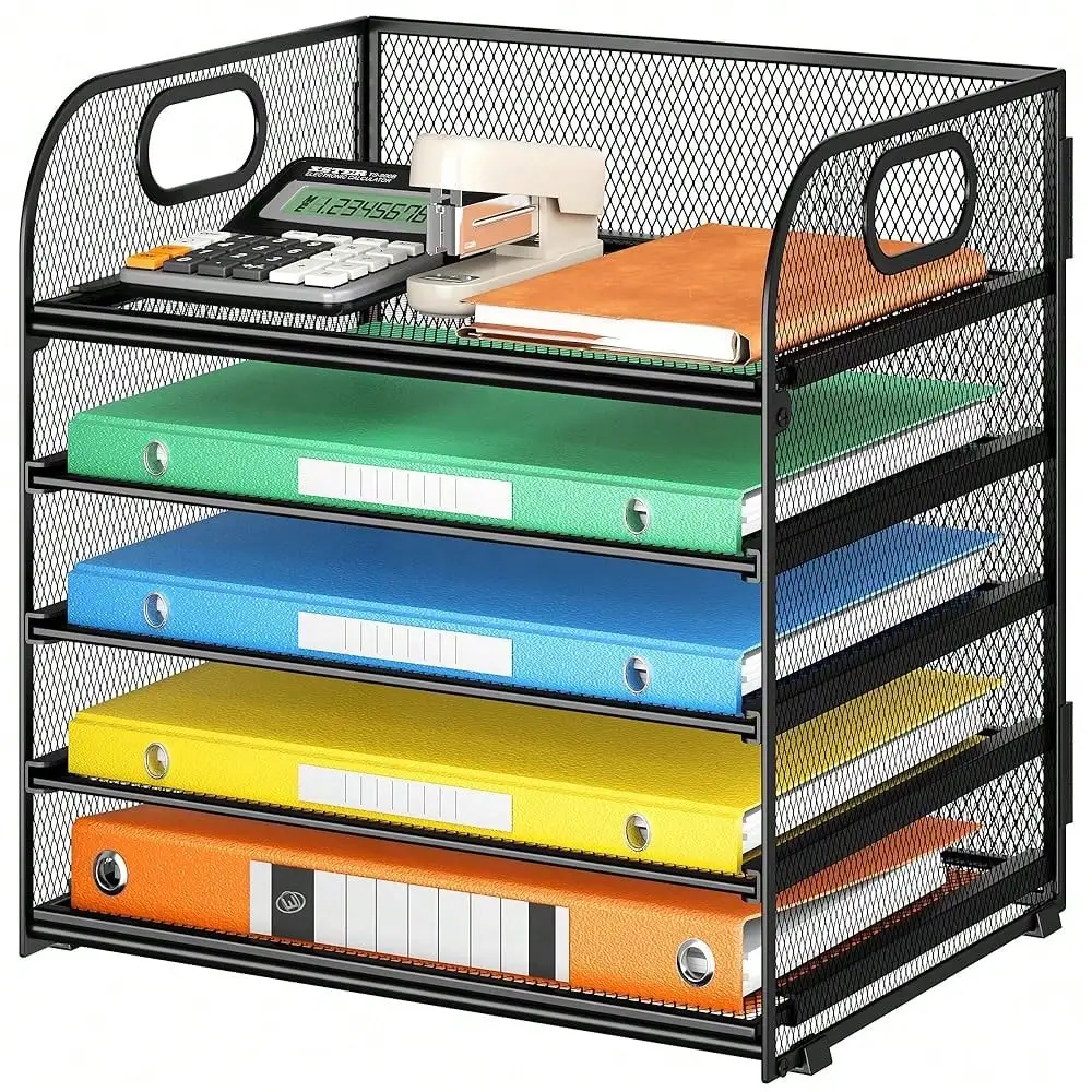 

5 Tray Desk File Organizer, Black Mesh Paper Sorter Letter Tray Organizer With Handle, Desktop File Organizer And Storage For Letter/A4 Office File Folder