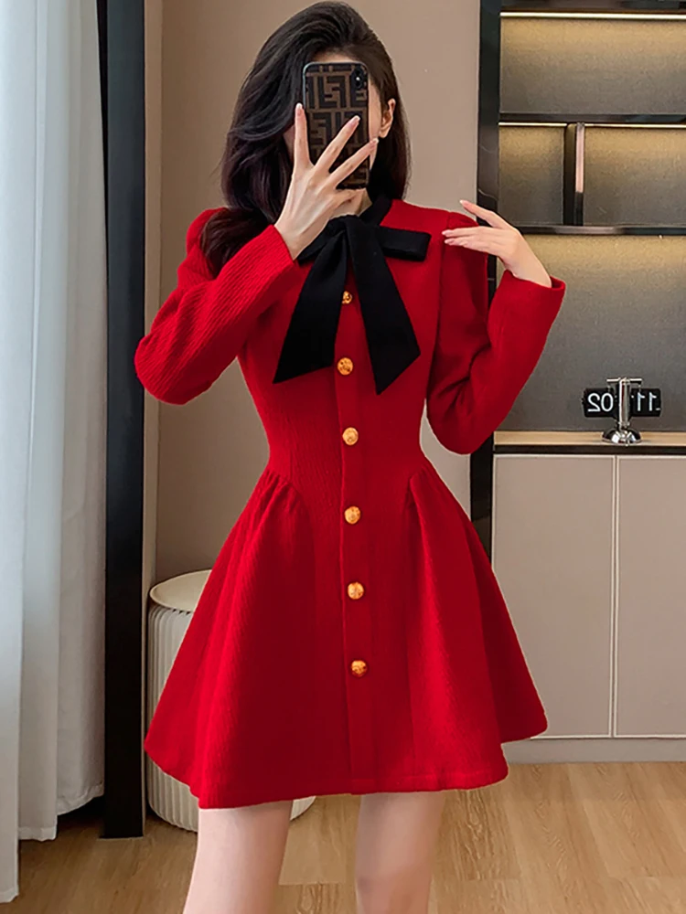 

Red Chic Bow Collar Chic High Waist A-Line Mini Dress Women Autumn Winter Thick Warm Casual Dress 2024 Korean Luxury Party Dress