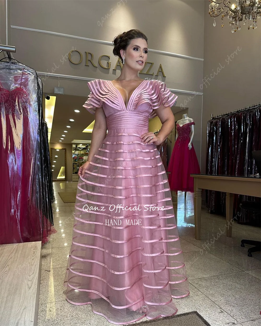 Qanz verde esmeralda elegante vestidos de baile profundo decote em v tule vestidos de noite longos até o chão vestido de ocasião formal personalizado