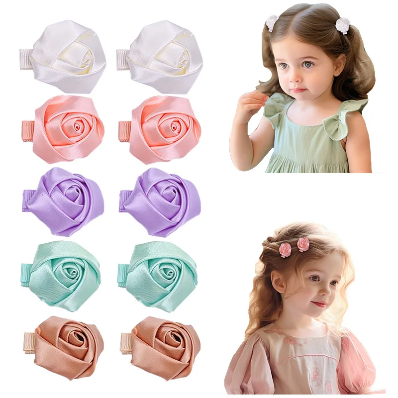 

Girls Hair Accessories Satin Rose Hair Clip High-End Ribbon Flower Side Hairpin Handmade Kids Fabric Fully Wrapped Barrettes