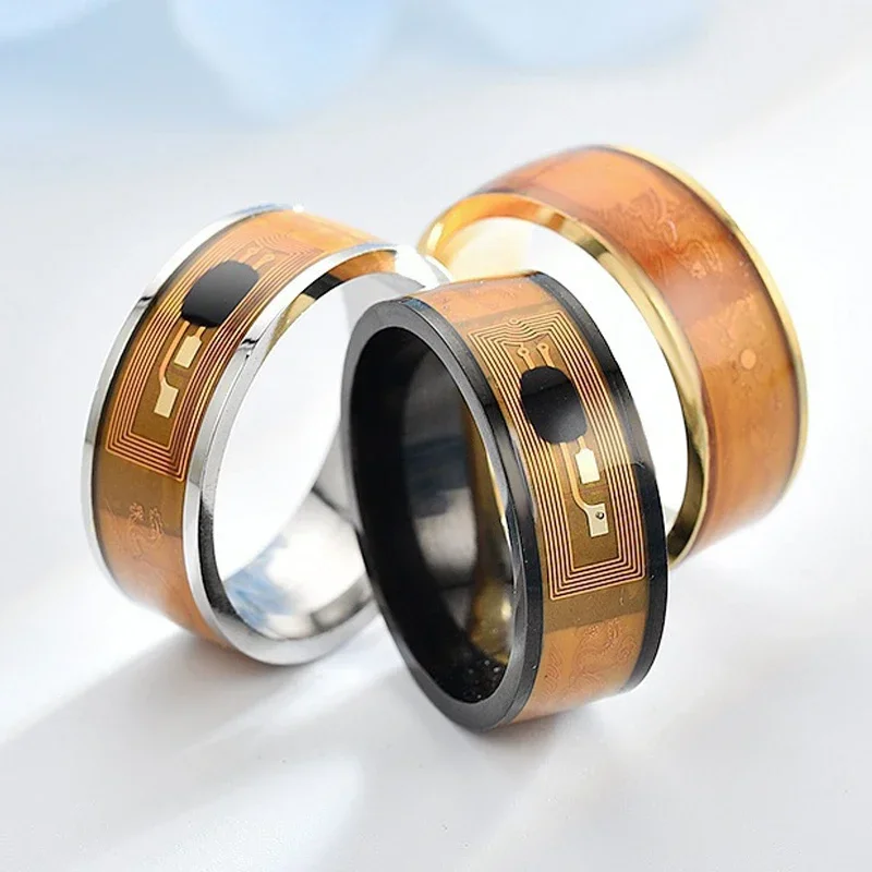 Luxury NFC Stainless Steel Phone Chip Dripping Oil Dual Dragon Pattern Smart Ring Gift Mens Couple Rings