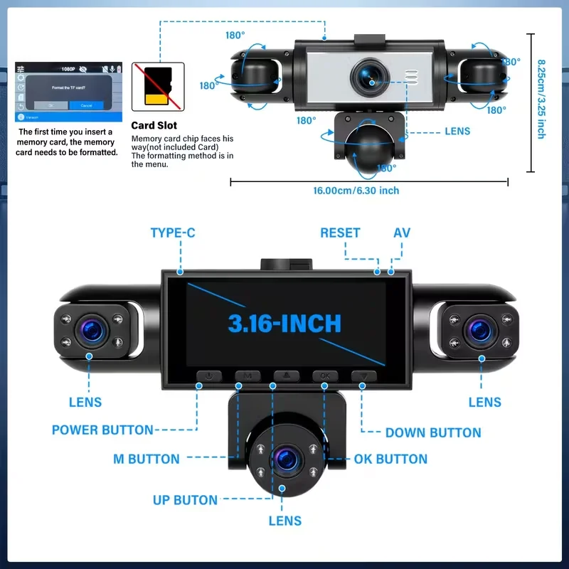360-Degree Multi-Camera Dashcam, 5-Channel Simultaneous Recording, 1080P HD Night Vision, Loop Recording, Parking Monitoring, Wide-Angle Dashcam