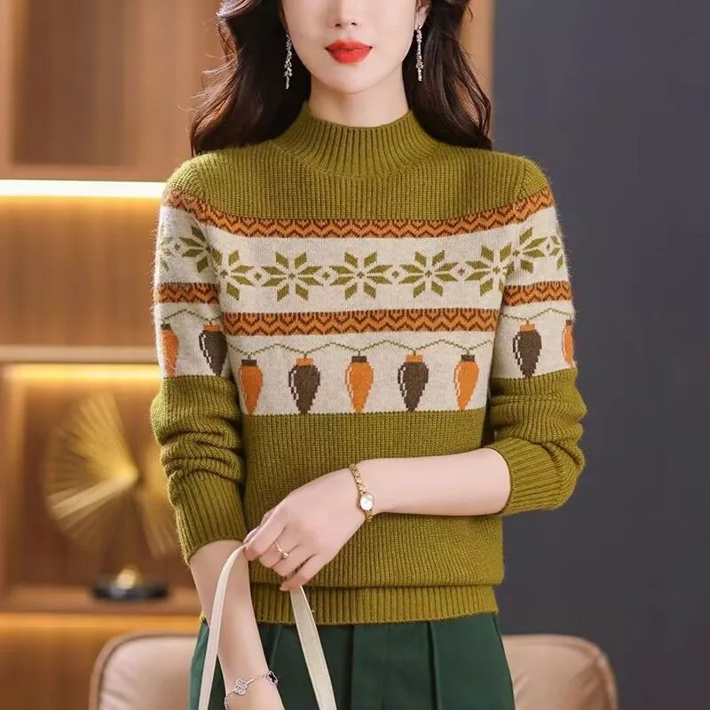 New Autumn/Winter Fashion Korean Edition Color Block Jacquard Half High Neck Loose and Versatile Western Women's Knitted Sweater