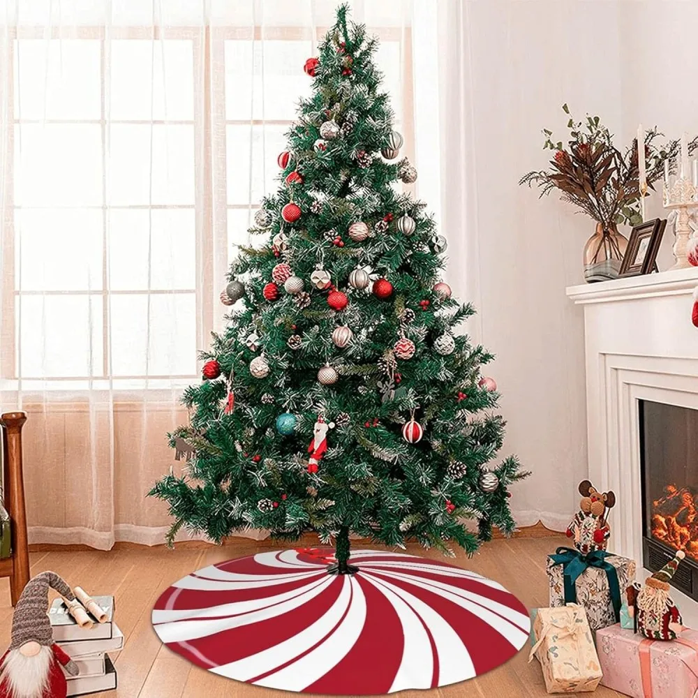 1pc Christmas Tree Skirt Red White Peppermint Candy Pattern Xmas Tree Mat Rustic Decoration Merry Christmas New Year Decor Props