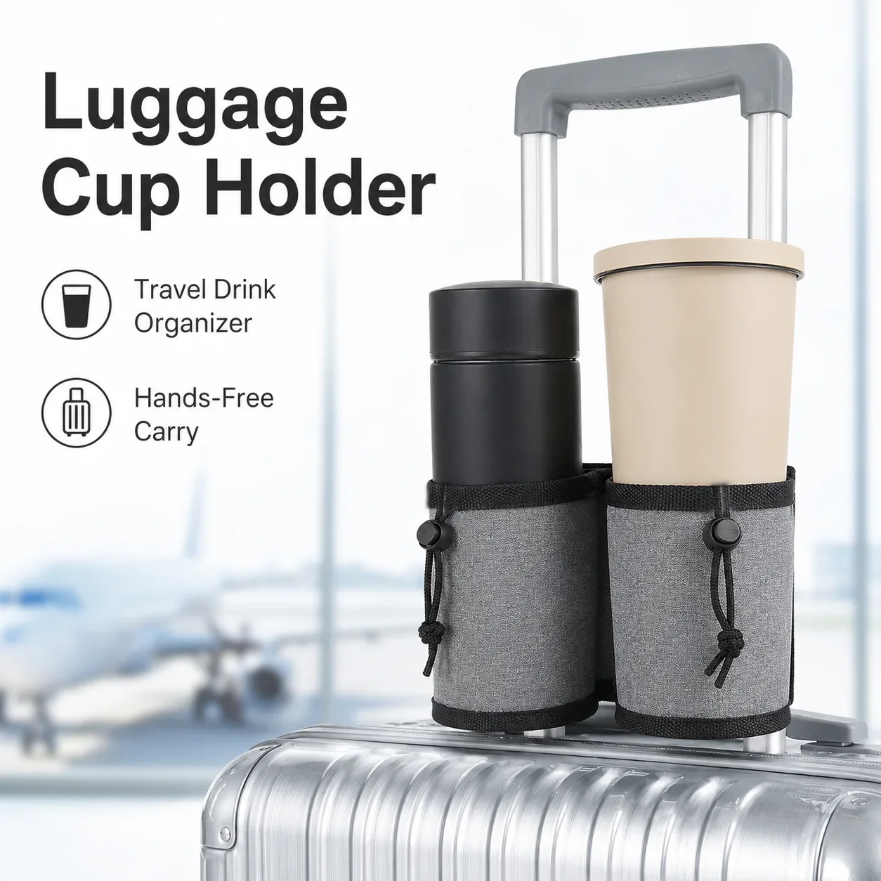 Luggage Cup Holder Travel Drink Carrier for Suitcase Handle Polyester Dual Pocket Cup Sleeve for Airport Trip Daily Use Storage