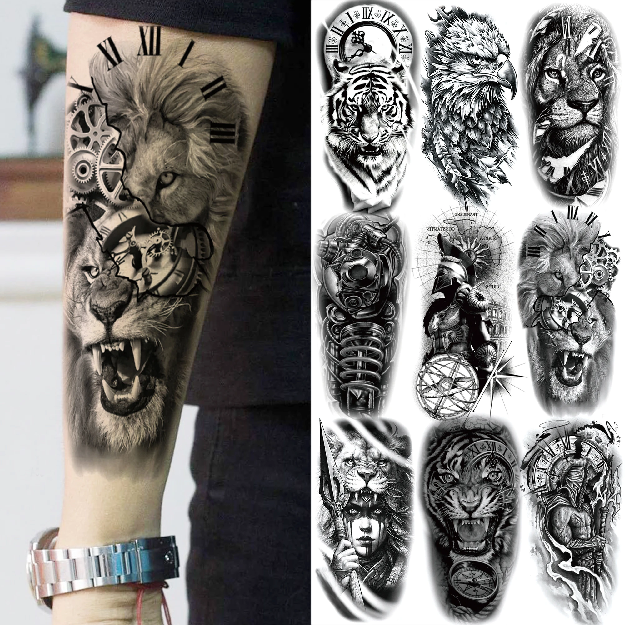 

1 Sheet Lion Tiger Compass Temporary Tattoos For Women Men Adults Warrior Black Tattoo Sticker Long Lasting Realistic