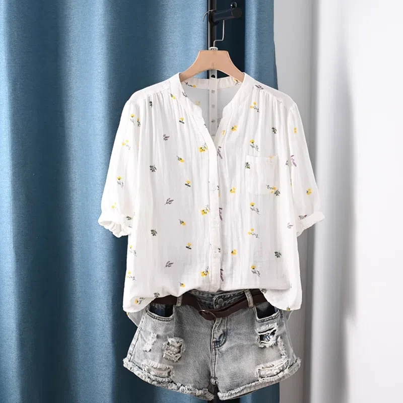 

Vintage clothing 100% cotton yarn v neck short sleeve lavender printed shirts and blouses women Middle-aged women's clothes