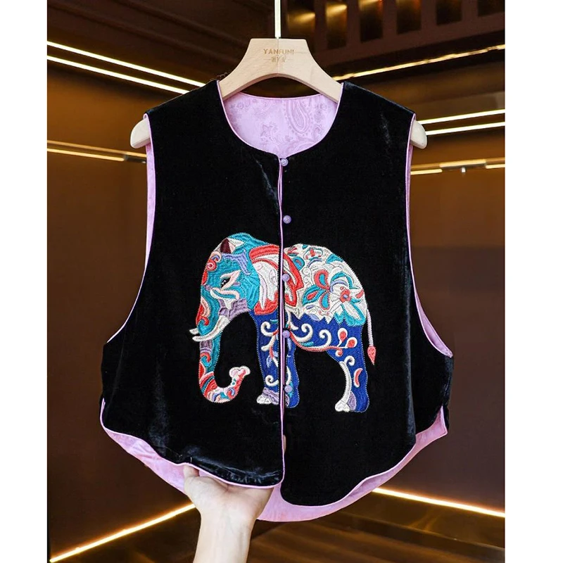 Vintage Temperament Two-color Woman Vest Round Neck Buckle Elephant Embroidery Vest Top Autumn Fashion Elegant Tang Clothing